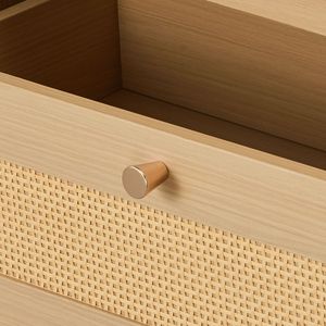 Comò Moderno in Rovere e Rattan con 5 Cassetti, Maniglie in Metallo e Gambe in Legno per Camera da Letto - Product Image 2