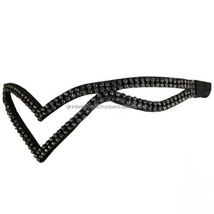 Beau design personnalisé double v en cuir, bande de sourcil de cheval avec 2 rangées de diamants étincelants, bande de sourcil bling - Product Image 1