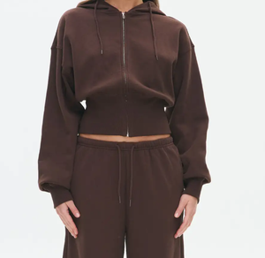 High Quality Vintage Custom Women Oversized <b>Zip</b>-<b>Up</b> Knitted Hoodie Organic Cotton Fleece <b>Crop</b> Top Tracksuit Set Front Autumn - Product Image 3