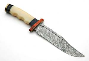 Outil utilitaire avec poignée en bois rougeâtre et poignée en os, doté d'une lame fixe en acier Damas - Product Image 6