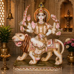 Estatua de la Diosa Sherawali Hecha a Mano en Mármol |   Durga Devi sentada sobre un león con corona de pavo real, espada y loto por MALIYAS Jaipur - Product Image 3