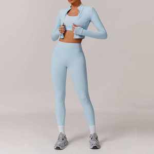 Conjunto de yoga de 3 piezas para mujer, chaqueta, sujetador deportivo y leggings de cintura alta, traje deportivo para gimnasio, fitness y entrenamiento. - Product Image 4