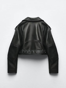 Custom Women Cropped <b>Black</b> Leather Biker <b>Jacket</b> Slim Fit Motorcycle <b>Jacket</b> Belted Punk Streetwear Fashion Outerwear For Unisex - Product Image 2