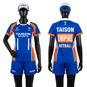 เสื้อกรรมการเน็ตบอลผ้าโพลีเอสเตอร์ตาข่ายพรีเมียม 160 GSM สีน้ำเงิน-ส้ม ตัดต่อแผงสีตัดกัน ระบายอากาศได้ดี พร้อมสกรีนโลโก้ตามสั่ง - Product Image 1