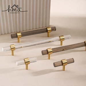 Poignée de meuble moderne en acrylique et laiton, tube en verre transparent et fumé, tirette de tiroir, poignée de luxe pour armoire de cuisine - Product Image 1