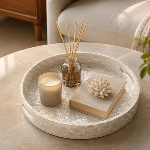 Juego de bandejas de nácar - Bandejas redondas decorativas con incrustaciones de conchas para mesa de centro - Organizador de tocador de baño con decoración costera - Product Image 6