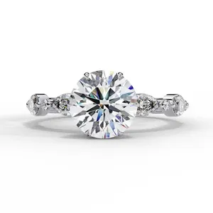 Bague de fiançailles en diamant de laboratoire rond brillant de 2 carats, or massif 18 carats, certifiée IGI, VVS E-F, avec accent marquise vintage - Product Image 3