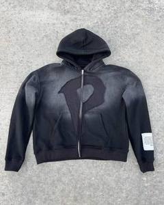 Sudadera con capucha con cremallera, personalizada por el fabricante, con parches de logotipo bordados, de gran tamaño, de alta calidad, estilo vintage, con lavado ácido y efecto desgastado por el sol. - Product Image 3