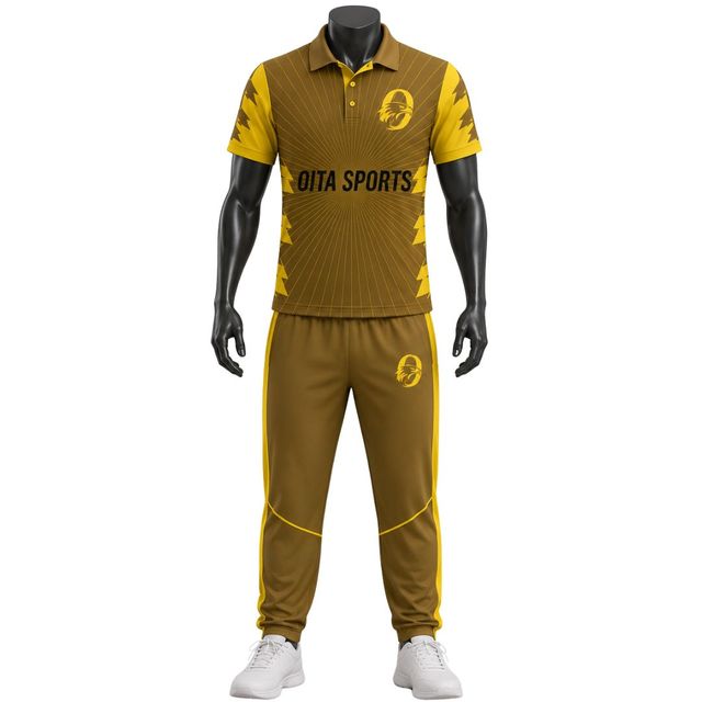 Men's Gold Sublimation Cricket Set Jersey and Pants Short Sleeve Performance Sports Uniform Outdoor Cricket Match Wear