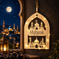Décoration murale en bois décorative Eid Mubarak avec mosquée découpée au laser et LED blanc chaud pour la décoration de la maison pendant le Ramadan
