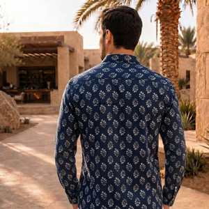 เสื้อคุर्ตาผู้ชายผ้าฝ้ายแท้พิมพ์ลายบล็อก แห้งเร็ว สไตล์อินเดียลำลองสำหรับฤดูร้อน ทรงปกติ จาก Indus Art Emporium - สวมใส่สบายสำหรับวันพักผ่อน - Product Image 4