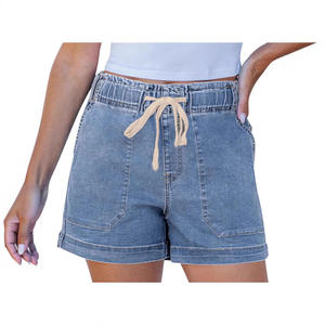 Shorts de Mezclilla de Cintura Alta para Mujer, Estilo Europeo Americano, Cintura Elástica con Cordón Ajustable, Corte Recto, para Comercio Exterior Transfronterizo, Aliexpress - Product Image 3