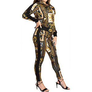 Ensemble deux pièces imprimé pour femme, veste à fermeture éclair à manches longues et pantalon, vêtements de sport décontractés, motif patchwork, coupe ajustée, toutes saisons - Product Image 2