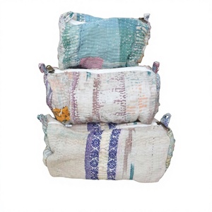 Beautiful Modern Kantha Floral Printed Lightweight Quilted Zipper Closure 3-Piece Large Women's Travel Cosmetic Organizer <b>Pouch</b> - Product Image 1