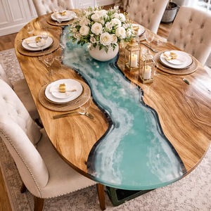 Mesa de Comedor de Lujo de Madera Maciza con Resina Epoxi, Mesa de Resina Hecha a Mano para Sala de Estar - Product Image 1