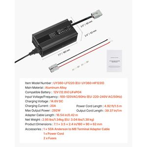Caricabatterie Intelligente 12V 20A 14.6V AC-DC per Batterie al Litio con Connettore Anderson, Indicatore LED, Attivazione a 0V, Caricabatterie Intelligente per LiFePO4 - Product Image 5