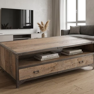 Mesa de Centro de Madera Contemporánea, Ecológica y Duradera Simon, con Estructura Metálica, Construcción de Madera Sólida, Acabado Natural, para Hogar y Hotel - Product Image 4