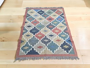 Alfombra de área de tejido plano con patrón geométrico, lana acrílica, rectangular, hecha a mano, estilo Kilim, con base de yute, decoración para sala de estar - Product Image 1