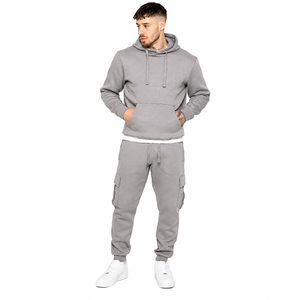 Men's Gray Hooded Tracksuit Set Full Length Cargo Pants Solid Color Casual Wear Regular Fit Autumn Style 100% Cotton Breathable - Product Image 1