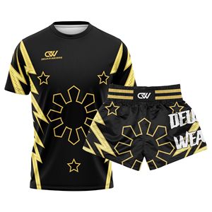 Conjuntos de Muay Thai Sublimados Personalizados al por Mayor, Conjuntos de Entrenamiento de Kickboxing de Fibra de Poliéster Elástica y Duradera, Mangas Cortas - Product Image 1