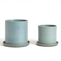Vases décoratifs en céramique Art Déco bleu poussière mat cylindriques avec trous de drainage et soucoupes