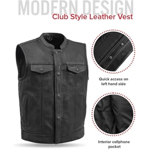 Custom <b>Men's</b> <b>Black</b> Perforated Genuine Cowhide Leather Motorcycle Vest Stand Collar Biker Club Leather <b>Waistcoat</b> - Product Image 5