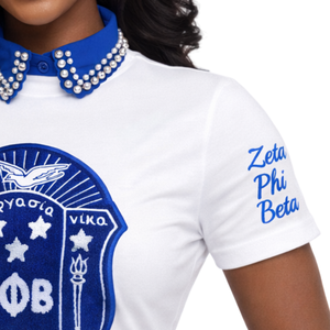 เสื้อยืดเชนิลล์สีขาว Zeta Phi Beta สำหรับผู้หญิง ปักลายตราสัญลักษณ์สมาคมนักศึกษาหญิงภาษากรีก เสื้อยืดลำลอง - Product Image 6