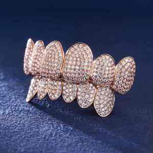 Grillz Moissanite Plaqué Or Rose VVS Iced Out, Ensemble Complet de Capuchons Dentaires en Argent Sterling 925, Ensemble de Dents Tendance - Product Image 1