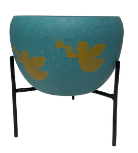 Pot de fleurs en métal turquoise avec imprimé ange doré et support en fer noir, porte-plantes décoratif pour l'intérieur et l'extérieur - Product Image 1