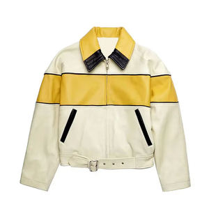 Blousons en cuir PU pour hommes, style moto, coupe courte, col rabattu, fermeture éclair, ceinture, color block, pour l'automne - Product Image 1