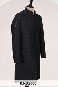 Traje de novio de lujo con textura de lujo para celebraciones nocturnas, Sherwani Indo Western con lentejuelas Midnight Noir, ropa formal para hombre. - Product Image 2