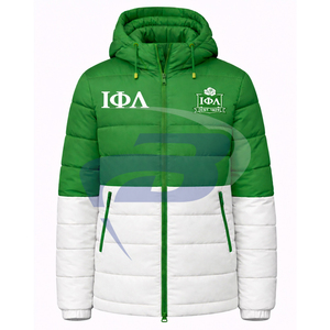 Veste matelassée d'hiver chaude à capuche verte et blanche Iota Phi Lambda Sorority, style streetwear, avec logo frontal et design grec personnalisé pour sororité - Product Image 1