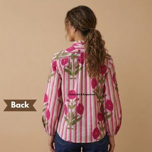 เสื้อเชิ้ตพิมพ์ลายบล็อกด้วยมือ เสื้อเชิ้ตแฟชั่นสำหรับผู้หญิง เสื้อผ้าฝ้ายเนื้อนุ่มพิมพ์ลายบล็อกด้วยมือแบบอินเดีย ลดราคาในราคาที่ดีที่สุด - Product Image 3