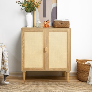 Natural Wood and Rattan <b>Cabinet</b> with Golden Handle Elegant <b>Storage</b> Solution Stylish Design Perfect for Living Room - Product Image 1
