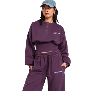 Ensemble de survêtement décontracté deux pièces pour femme, coupe courte, avec fermeture à boutons, en molleton, col rond, taille élastique, jambe large, tenue de sport décontractée - Product Image 3