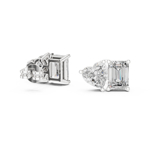 Heart & <b>Emerald</b> Cut Lab Grown Diamond <b>Stud</b> Earrings In 14k White Gold Romantic Minimalist Bridal & Everyday Diamond Jewelry - Product Image 4