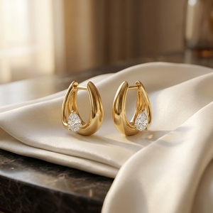 Pendientes de aro gruesos con diamantes cultivados en laboratorio de corte pera, pendientes de aro tipo huggie con acento solitario en forma de lágrima, pendientes delicados para uso diario, pendientes redondos. - Product Image 4