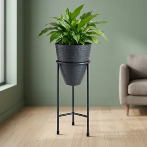 Jardinière en métal martelé noir anthracite avec support trépied, pot de fleurs texturé moderne pour intérieur, extérieur, jardin, balcon - Product Image 5