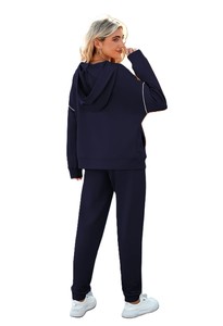 <b>Women's</b> <b>Navy</b> Blue Hooded Tracksuit Solid Color Casual Loose Fit Full Sleeve With Side Pockets Elastic Waist Autumn Wear - Product Image 2