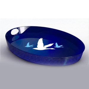 Bandeja de Servir Moderna Ecológica de Vidrio Azul con Diseño de Pájaros en Vuelo, Forma Ovalada, Utensilio de Bar, Plato Decorativo - Product Image 1