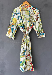 Bata tipo kimono larga con cuello en V de algodón con estampado floral para mujer, bata de baño holgada de manga larga, ropa de casa suave, transpirable y ligera - Product Image 4