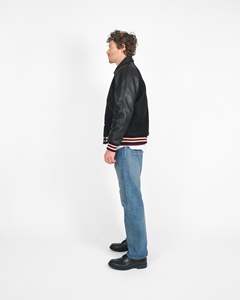 <b>Men</b>’s Black Wool & <b>Leather</b> Varsity <b>Bomber</b> Jacket Premium Wool Body Genuine <b>Leather</b> Sleeves Ribbed Cuffs & Snap Button Street - Product Image 4
