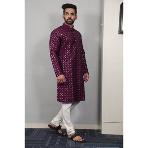 FANTAISIE SOIE DOUCE BRODERIE SEQUENCE TRAVAIL KURTA HOMME AVEC PAJAMA VIN - Product Image 1