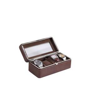 8\" Long Brown Leather & Tempered Glass 4-Slot <b>Watch</b> Display <b>Case</b> Premium <b>Watch</b> <b>Boxes</b> & <b>Cases</b> - Product Image 2