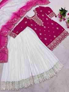 Ensemble Anarkali traditionnel indien pakistanais pour femmes, rose, brodé, avec dupatta, vêtements de mariage, coupe ample, en coton - Product Image 6