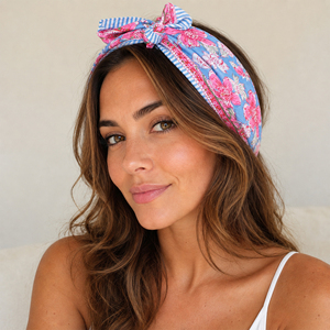Diadema de Algodón con Estampado Floral Estilo Bohemio, Color Turquesa y Blanco, Accesorio Casual Transpirable de Verano para Unisex - Product Image 2