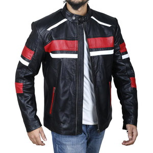 Men's OEM/ODM Service Black Red White Color Block Genuine <b>Leather</b> <b>Jacket</b> With Zipper Closure Stand Collar Regular Fit - Product Image 5