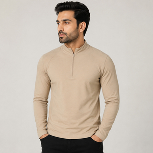 T-shirt de sport pour homme à manches longues avec fermeture éclair 3/4, coupe ajustée, col roulé, vêtement de sport léger pour la course à pied - Product Image 1