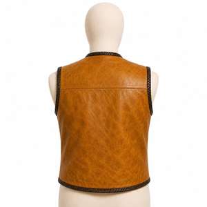 Chaleco sin mangas de cuero genuino para hombre, estilo vintage, con cuello vuelto, ribete trenzado y botones ocultos, ropa exterior informal de verano - Product Image 2