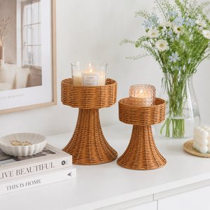Handmade Rattan Candle Holder Decorative Woven Lantern Stand Natural Rattan Home Decor for Living Room <b>Table</b> Centerpiece - Product Image 1